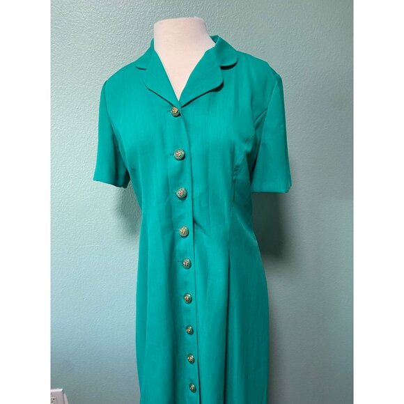 Vintage‎ Leslie Fay Women's Teal Gold Pearl Button Up Midi Collared Dress Sz 12P - Picture 3 of 12